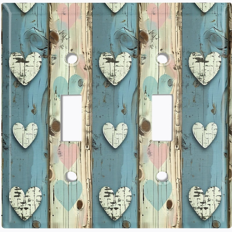 Metal Light Switch Wall Plate Outlet Cover (Printed Image of Rustic Wooden Heart Pattern - Double Toggle)