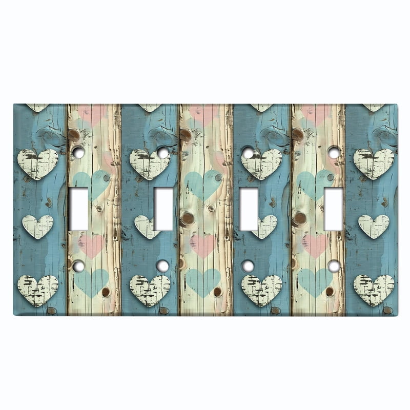 Metal Light Switch Wall Plate Outlet Cover (Printed Image of Rustic Wooden Heart Pattern - Quad Toggle)