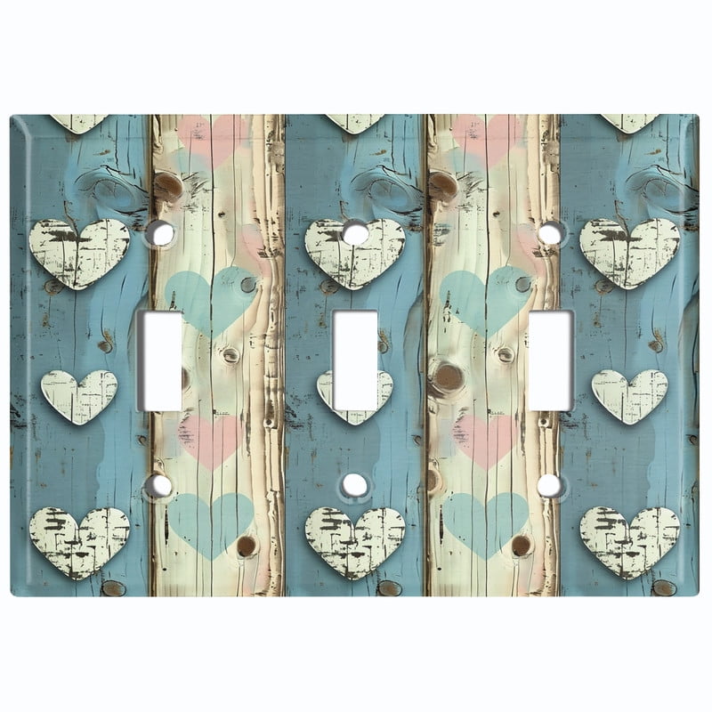 Metal Light Switch Wall Plate Outlet Cover (Printed Image of Rustic Wooden Heart Pattern - Triple Toggle)