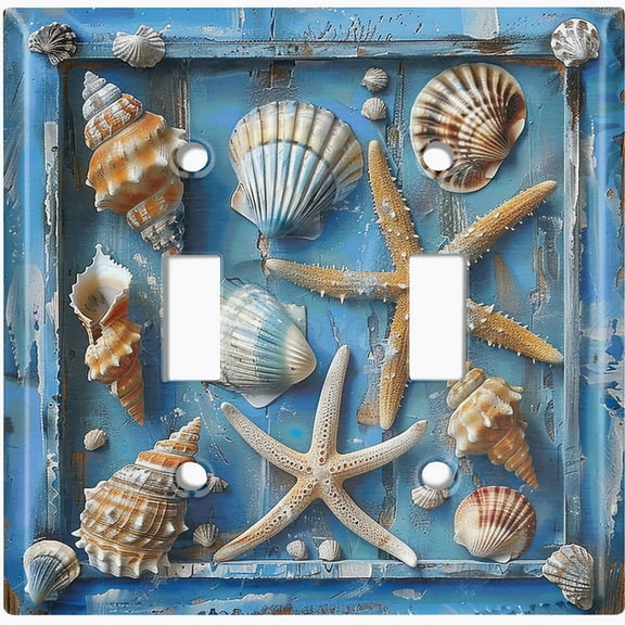 Metal Light Switch Wall Plate Outlet Cover (Printed Image of Seashells and Starfish - Double Toggle)