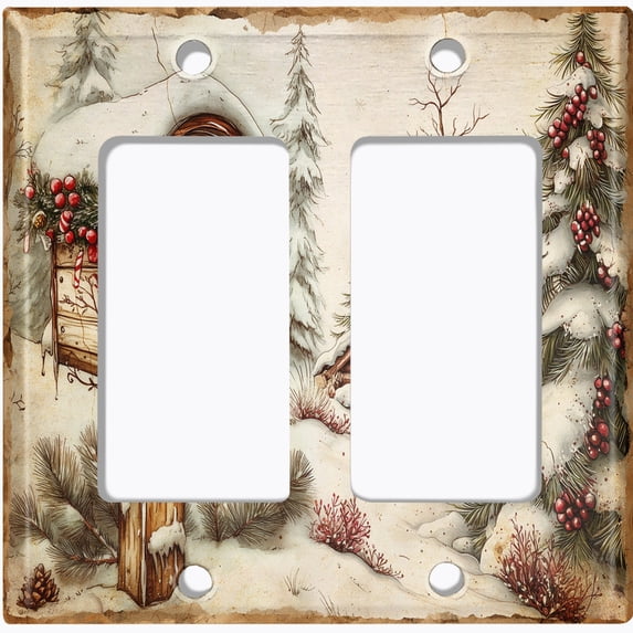 Metal Light Switch Wall Plate Outlet Cover (Printed Image of Snow Cabin - Double GFI/Rocker)