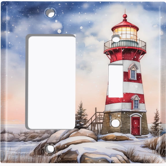 Metal Light Switch Wall Plate Outlet Cover (Printed Image of Snowy Lighthouse - 2 Gang GFI Rocker/Toggle)