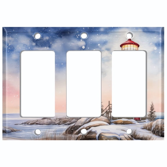 Metal Light Switch Wall Plate Outlet Cover (Printed Image of Snowy Lighthouse - Triple GFI/Rocker)