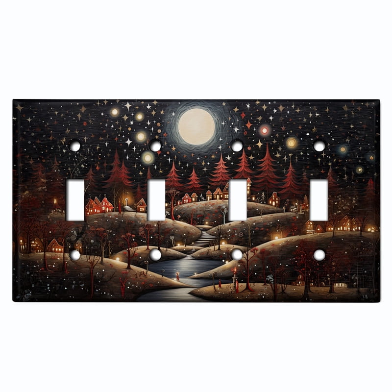 Metal Light Switch Wall Plate Outlet Cover (Printed Image of Snowy Winter Village - Quad Toggle)