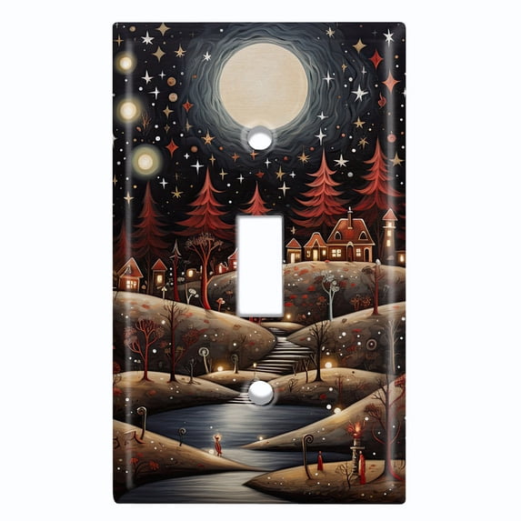 Metal Light Switch Wall Plate Outlet Cover (Printed Image of Snowy Winter Village - Single Toggle)