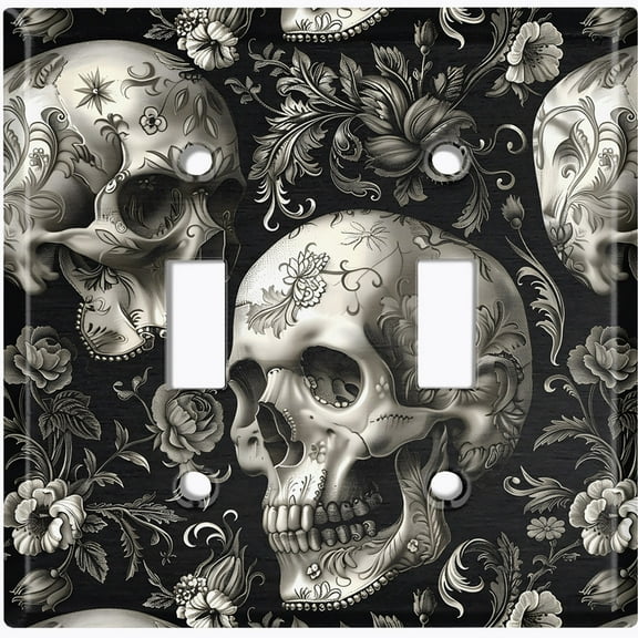 Metal Light Switch Wall Plate Outlet Cover (Printed Image of Gothic Skulls - Double Toggle)