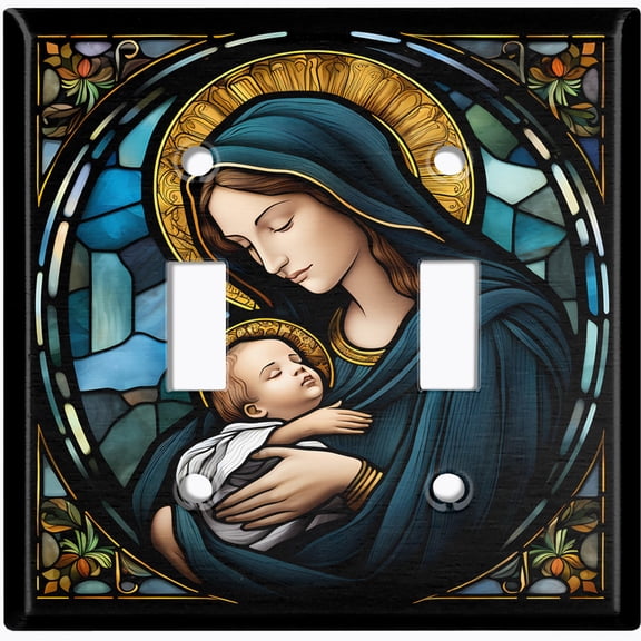 Metal Light Switch Wall Plate Outlet Cover (Printed Image of Stainded Glass Holy Scene - Double Toggle)
