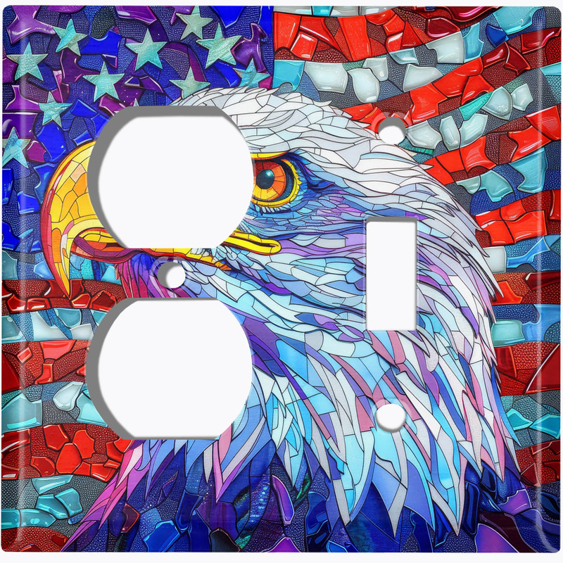 Metal Light Switch Wall Plate Outlet Cover (Printed Image of Stained Glass American Flag with Bald Eagle - 2 Gang Duplex/Toggle)