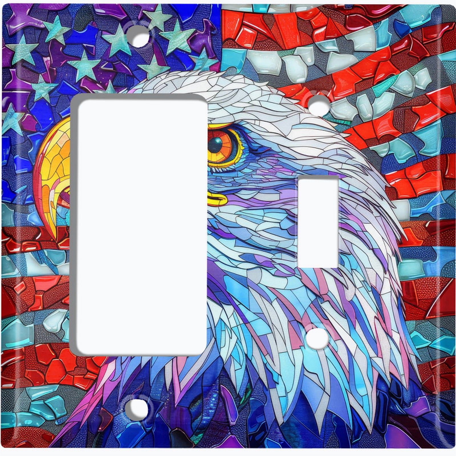 Metal Light Switch Wall Plate Outlet Cover (Printed Image of Stained Glass American Flag with Bald Eagle - 2 Gang GFI Rocker/Toggle)