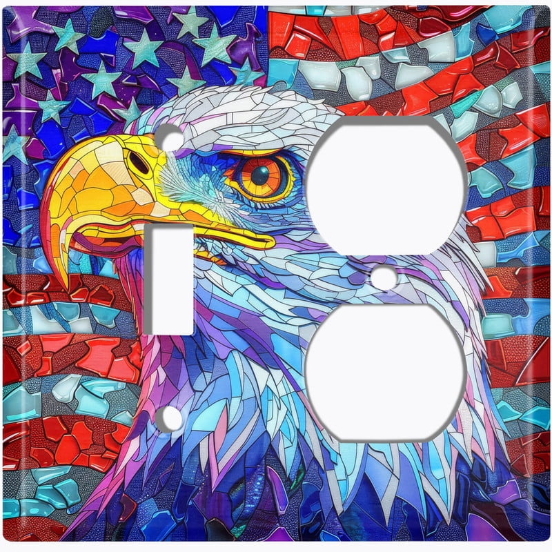 Metal Light Switch Wall Plate Outlet Cover (Printed Image of Stained Glass American Flag with Bald Eagle - 2 Gang Toggle/Duplex)