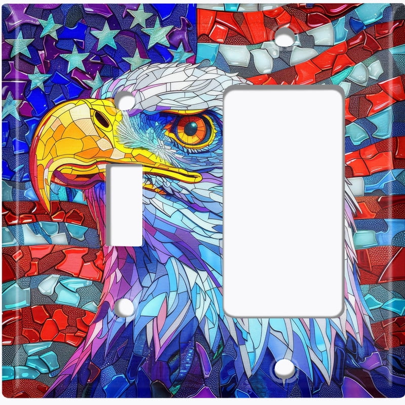 Metal Light Switch Wall Plate Outlet Cover (Printed Image of Stained Glass American Flag with Bald Eagle - 2 Gang Toggle/GFI Rocker)