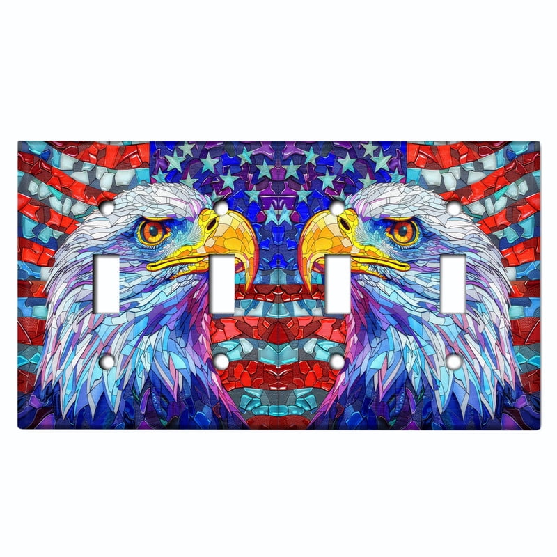 Metal Light Switch Wall Plate Outlet Cover (Printed Image of Stained Glass American Flag with Bald Eagle - Quad Toggle)