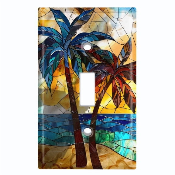 Metal Light Switch Wall Plate Outlet Cover (Printed Image of Stained Glass Beach Sunset - Single Toggle)