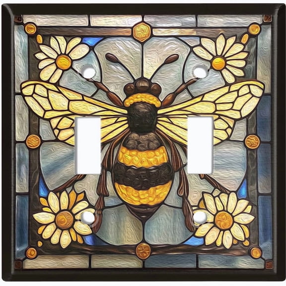 Metal Light Switch Wall Plate Outlet Cover (Printed Image of Stained Glass Bee - Double Toggle)