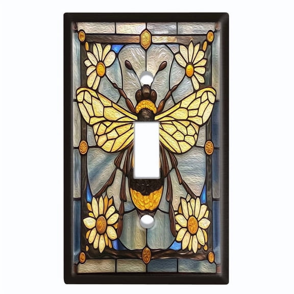 Metal Light Switch Wall Plate Outlet Cover (Printed Image of Stained Glass Bee - Single Toggle)