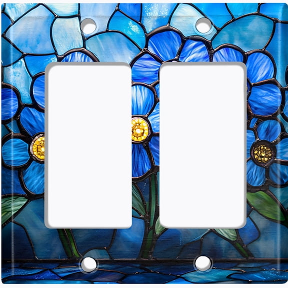 Metal Light Switch Wall Plate Outlet Cover (Printed Image of Stained Glass Blue Flowers - Double GFI/Rocker)