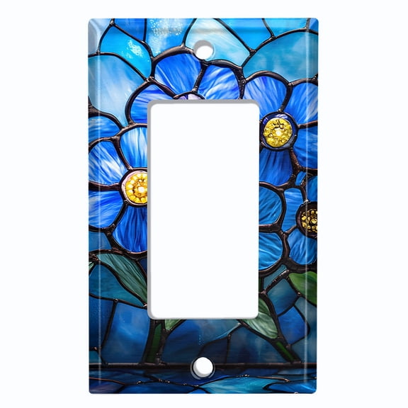 Metal Light Switch Wall Plate Outlet Cover (Printed Image of Stained Glass Blue Flowers - Single GFI/Rocker)
