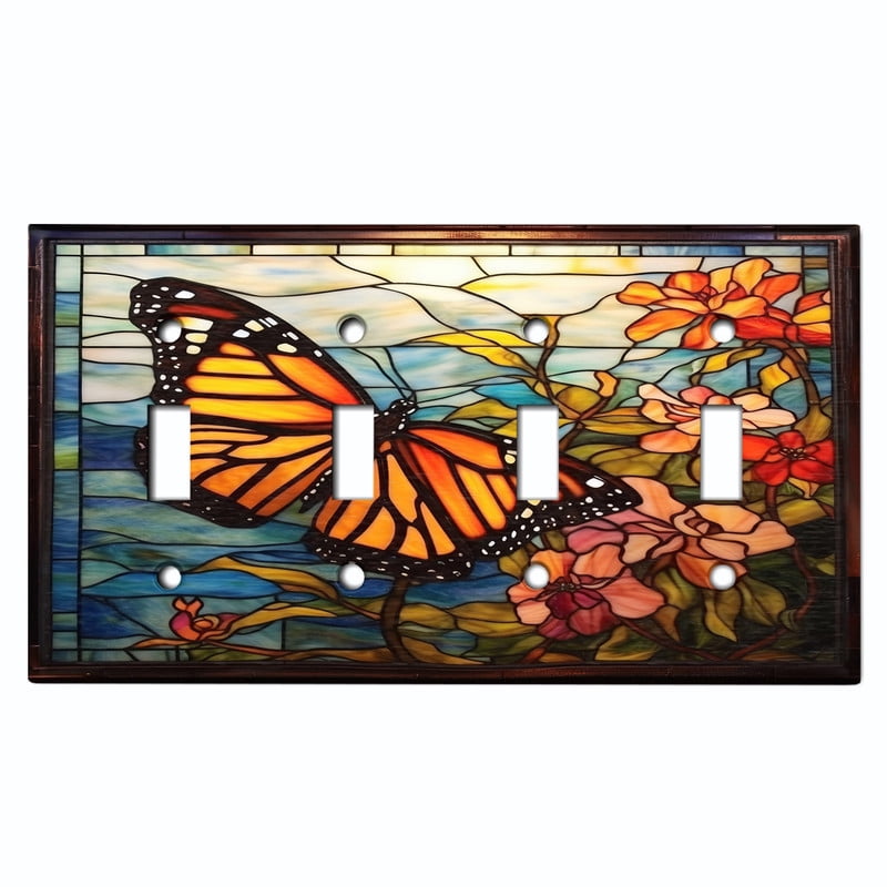 Metal Light Switch Wall Plate Outlet Cover (Printed Image of Stained Glass Butterfly - Quad Toggle)