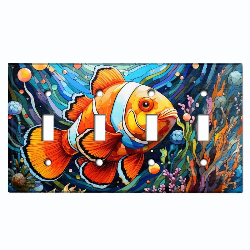 Metal Light Switch Wall Plate Outlet Cover (Printed Image of Stained Glass Clown Fish - Quad Toggle)
