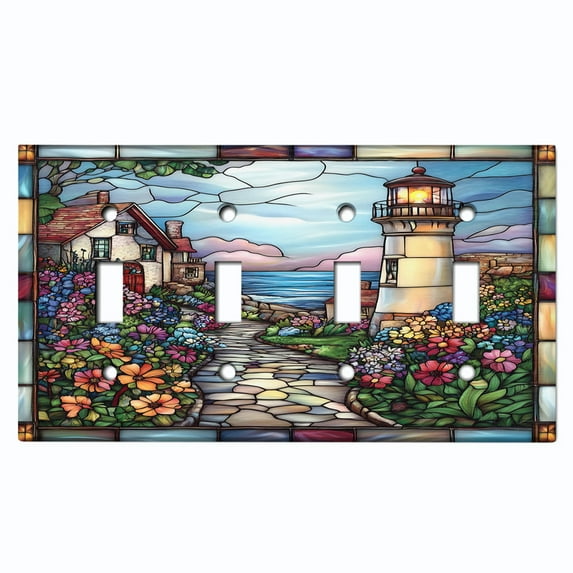 Metal Light Switch Wall Plate Outlet Cover (Printed Image of Stained Glass Coastal Lighthouse - Quad Toggle)