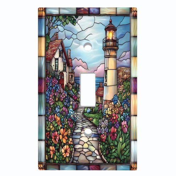 Metal Light Switch Wall Plate Outlet Cover (Printed Image of Stained Glass Coastal Lighthouse - Single Toggle)