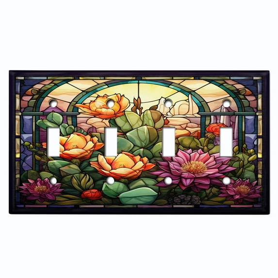 Metal Light Switch Wall Plate Outlet Cover (Printed Image of Stained Glass Desert Flowers - Quad Toggle)