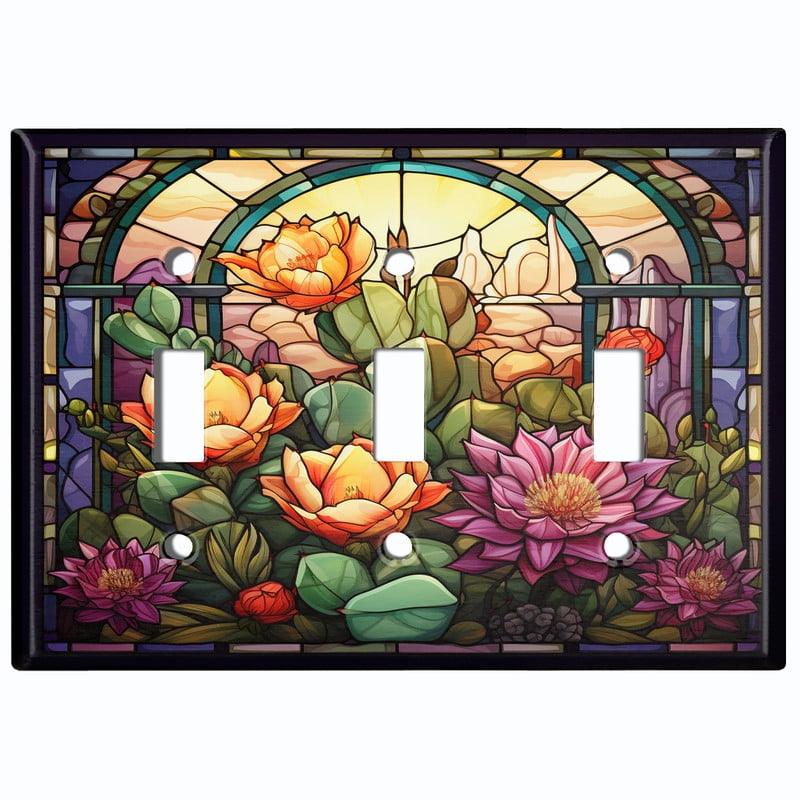 Metal Light Switch Wall Plate Outlet Cover (Printed Image of Stained Glass Desert Flowers - Triple Toggle)