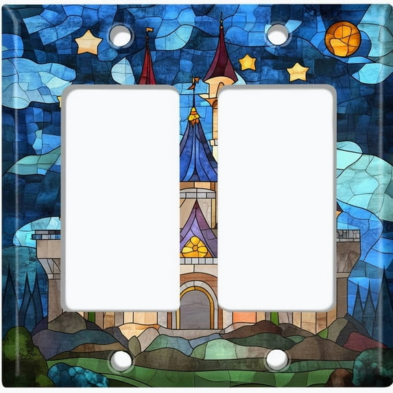 Metal Light Switch Wall Plate Outlet Cover (Printed Image of Stained Glass Fairytale Castle - Double GFI/Rocker)