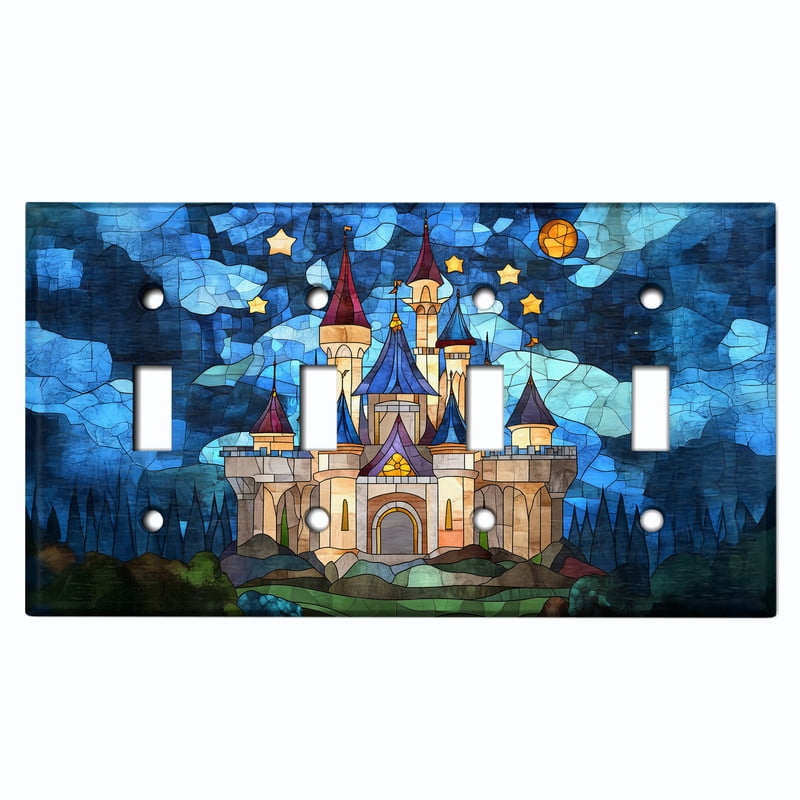 Metal Light Switch Wall Plate Outlet Cover (Printed Image of Stained Glass Fairytale Castle - Quad Toggle)