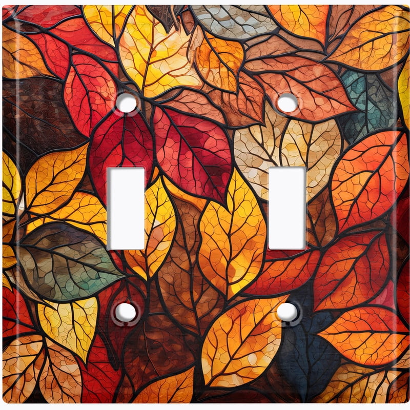 Metal Light Switch Wall Plate Outlet Cover (Printed Image of Stained Glass Fall Leaves - Double Toggle)