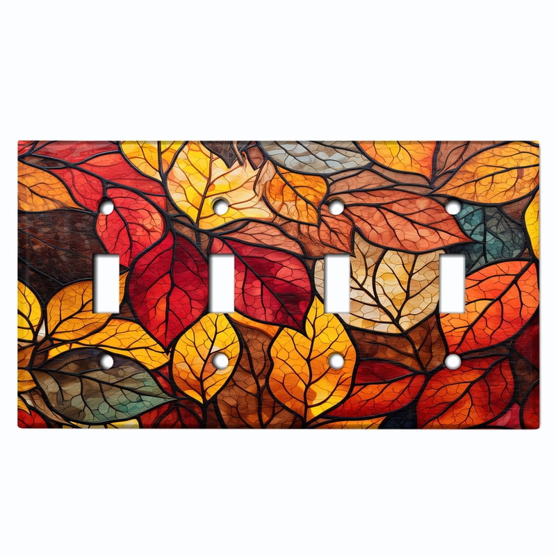 Metal Light Switch Wall Plate Outlet Cover (Printed Image of Stained Glass Fall Leaves - Quad Toggle)