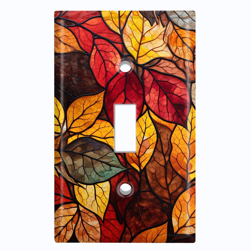 Metal Light Switch Wall Plate Outlet Cover (Printed Image of Stained Glass Fall Leaves - Single Toggle)