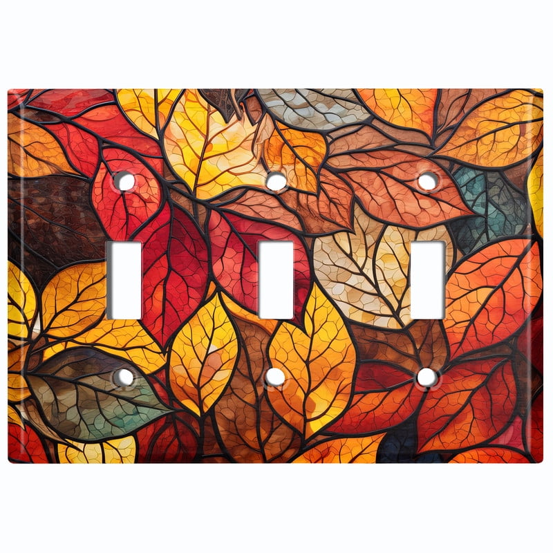 Metal Light Switch Wall Plate Outlet Cover (Printed Image of Stained Glass Fall Leaves - Triple Toggle)