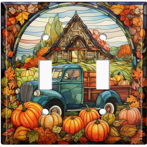 Metal Light Switch Wall Plate Outlet Cover (Printed Image of Stained Glass Farmstead - Double Toggle)