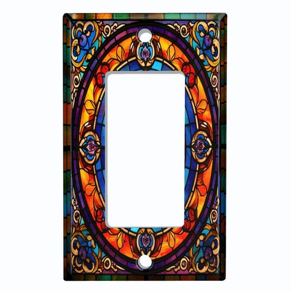 Metal Light Switch Wall Plate Outlet Cover (Printed Image of Stained Glass Fleur-de-lis Medallion - Single GFI/Rocker)