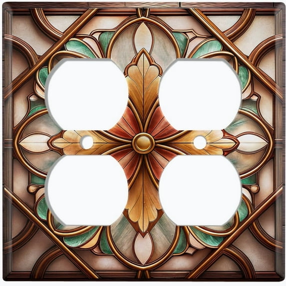 Metal Light Switch Wall Plate Outlet Cover (Printed Image of Stained Glass Floral Design - Double Duplex)