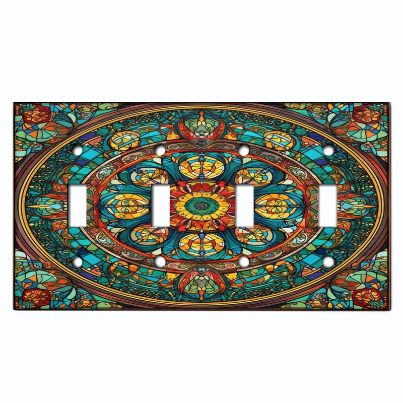 Metal Light Switch Wall Plate Outlet Cover (Printed Image of Stained Glass Floral Mandala - Quad Toggle)
