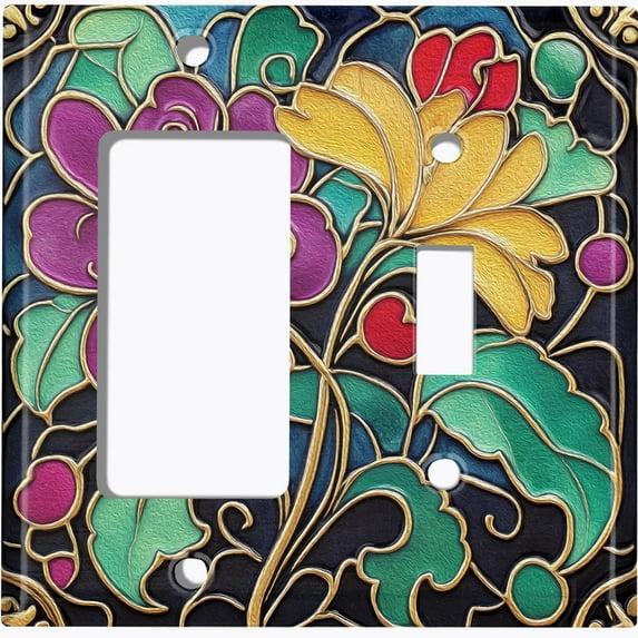 Metal Light Switch Wall Plate Outlet Cover (Printed Image of Stained Glass Flowers - 2 Gang GFI Rocker/Toggle)