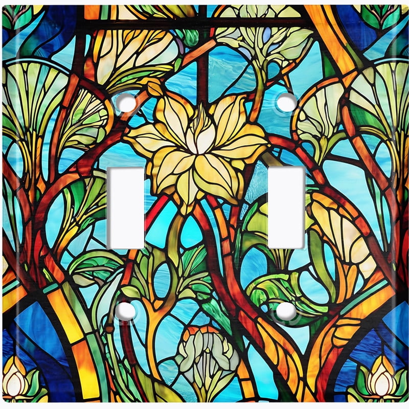 Metal Light Switch Wall Plate Outlet Cover (Printed Image of Stained Glass Flowers - Double Toggle)