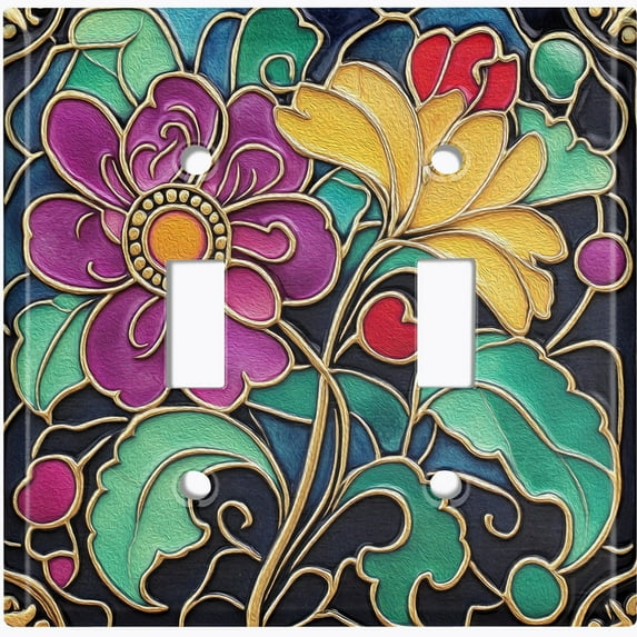 Metal Light Switch Wall Plate Outlet Cover (Printed Image of Stained Glass Flowers - Double Toggle)