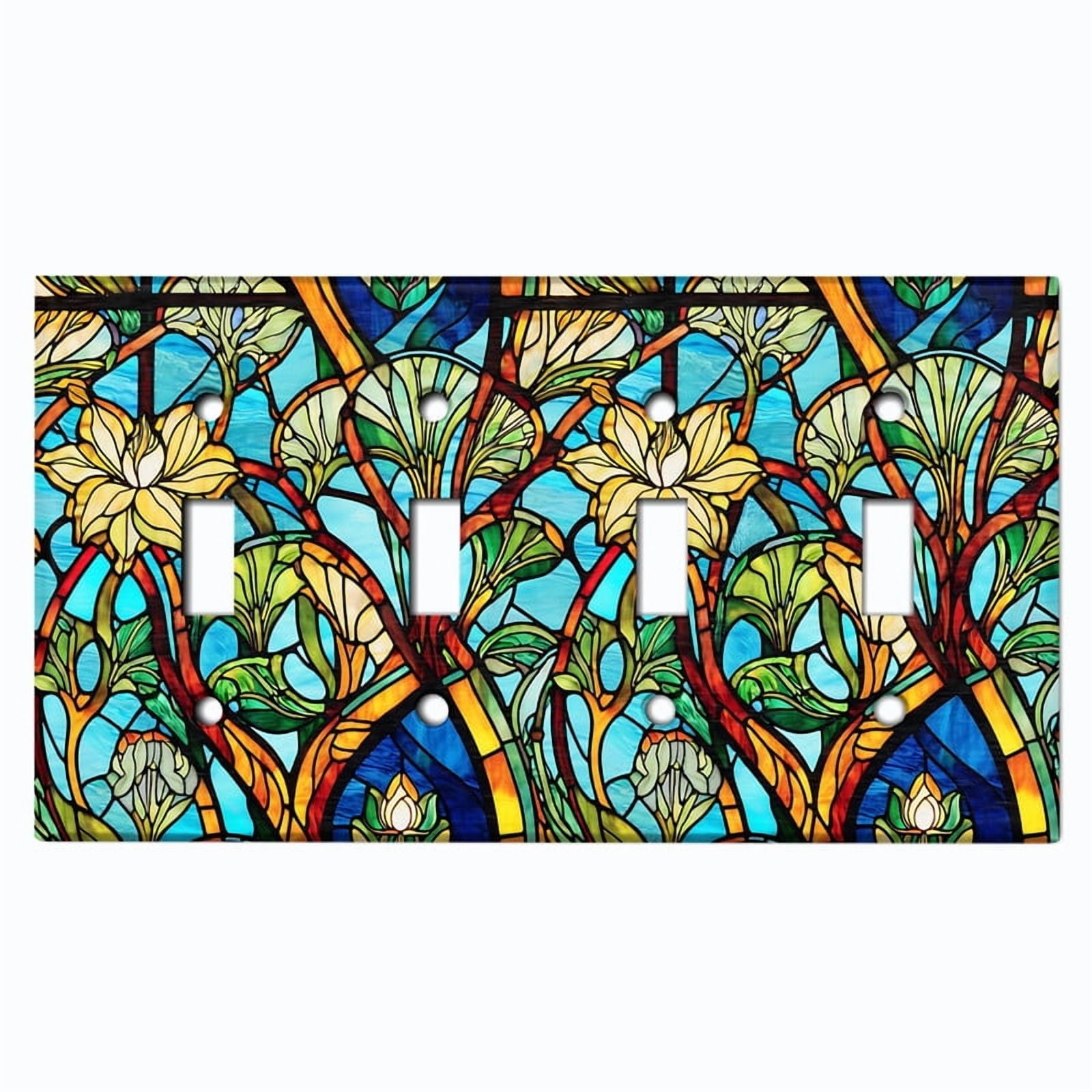 Metal Light Switch Wall Plate Outlet Cover (Printed Image of Stained Glass Flowers - Quad Toggle)