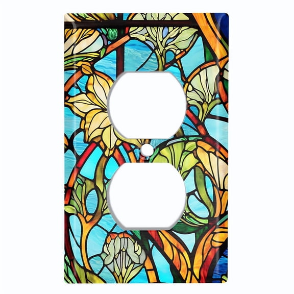 Metal Light Switch Wall Plate Outlet Cover (Printed Image of Stained Glass Flowers - Single Duplex)