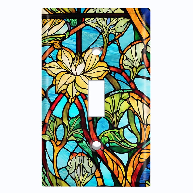 Metal Light Switch Wall Plate Outlet Cover (Printed Image of Stained Glass Flowers - Single Toggle)