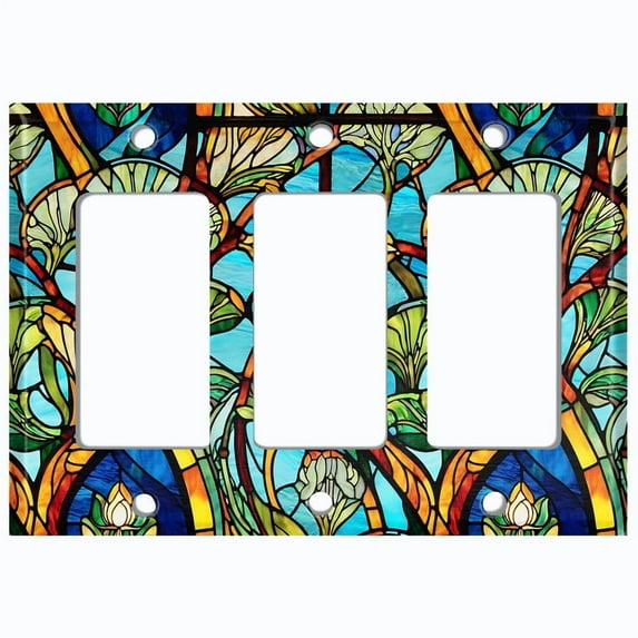 Metal Light Switch Wall Plate Outlet Cover (Printed Image of Stained Glass Flowers - Triple GFI/Rocker)