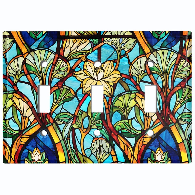 Metal Light Switch Wall Plate Outlet Cover (Printed Image of Stained Glass Flowers - Triple Toggle)