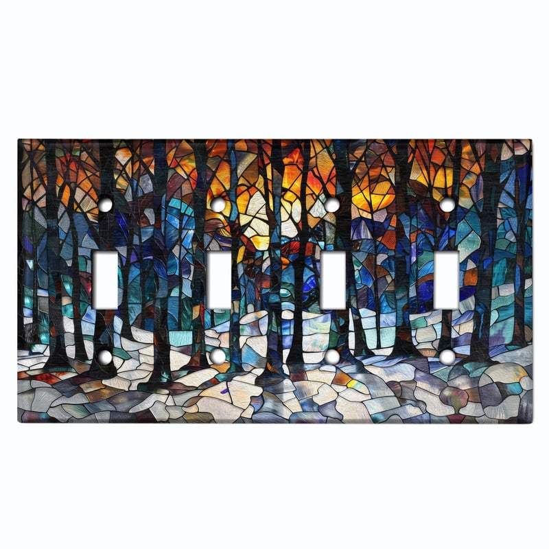 Metal Light Switch Wall Plate Outlet Cover (Printed Image of Stained Glass Forest - Quad Toggle)