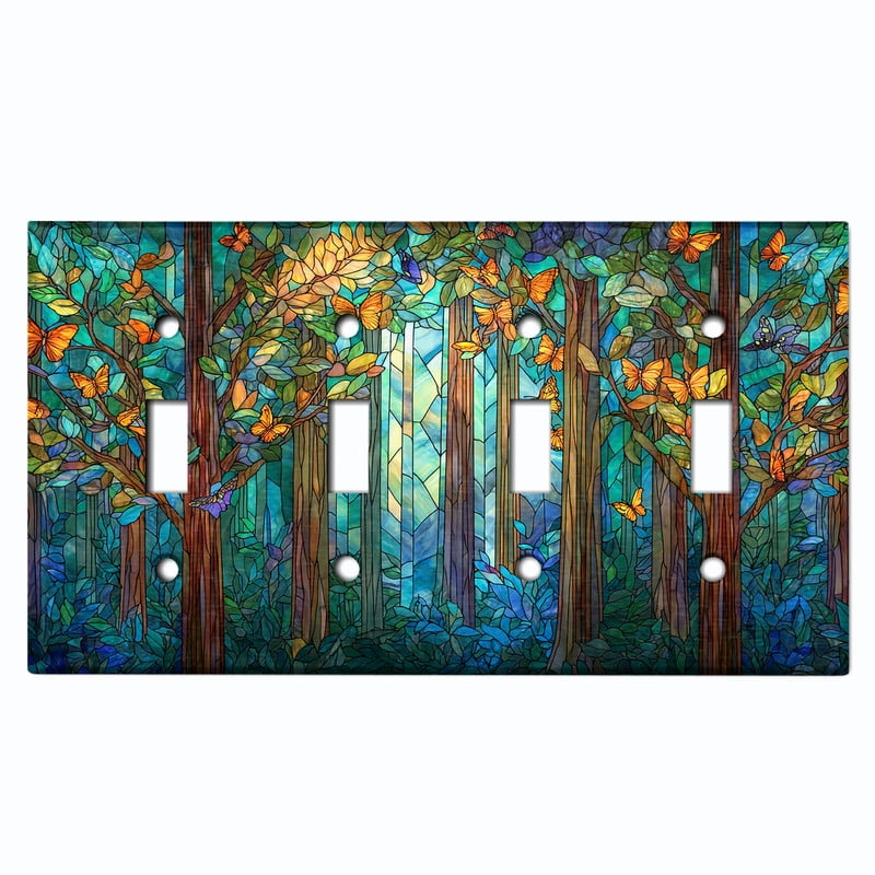 Metal Light Switch Wall Plate Outlet Cover (Printed Image of Stained Glass Forest - Quad Toggle)