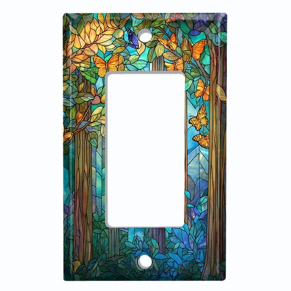Metal Light Switch Wall Plate Outlet Cover (Printed Image of Stained Glass Forest - Single GFI/Rocker)