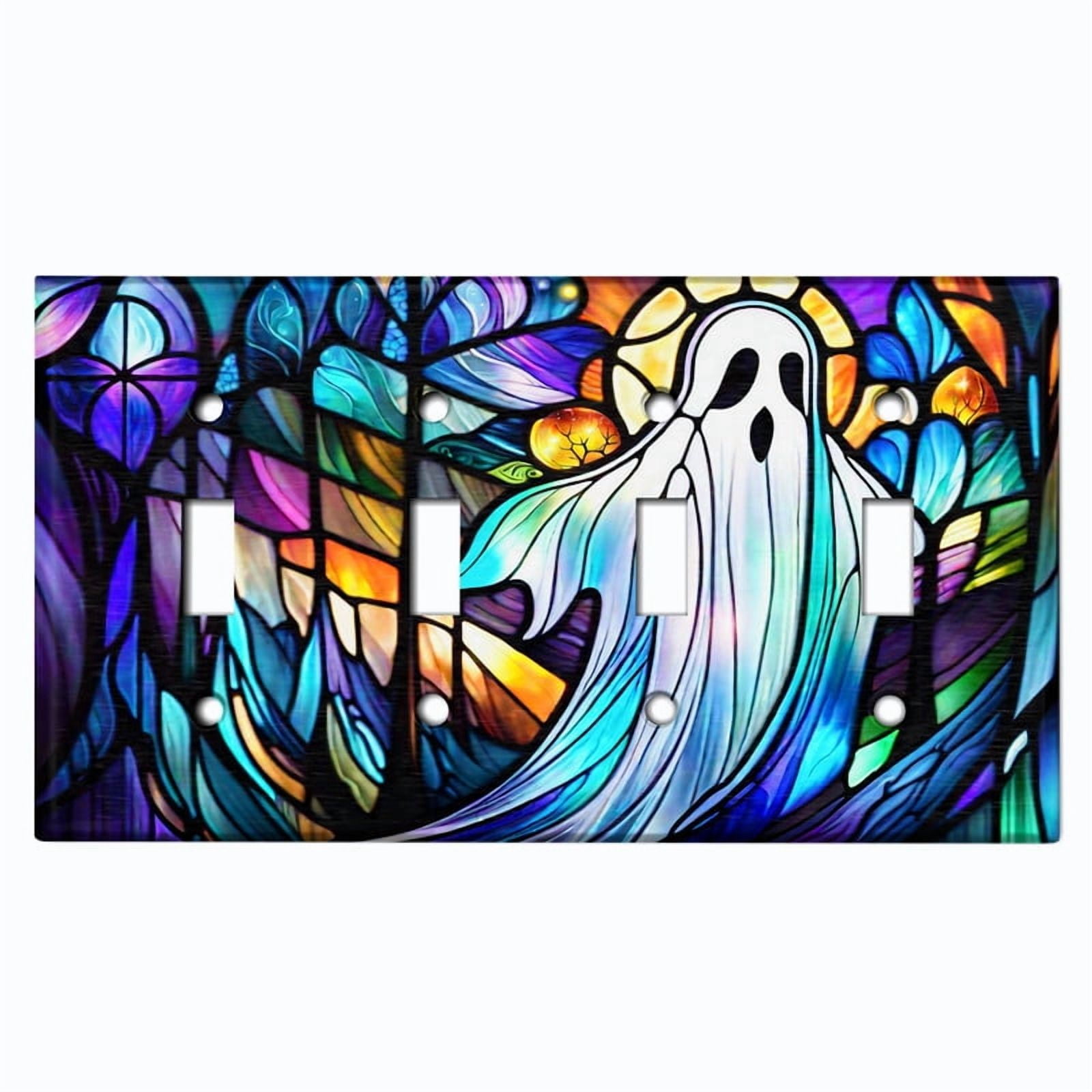 Metal Light Switch Wall Plate Outlet Cover (Printed Image of Stained Glass Ghost - Quad Toggle)