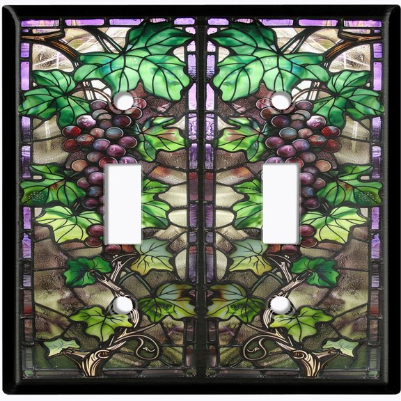 Metal Light Switch Wall Plate Outlet Cover (Printed Image of Stained Glass Grape Vines - Double Toggle)